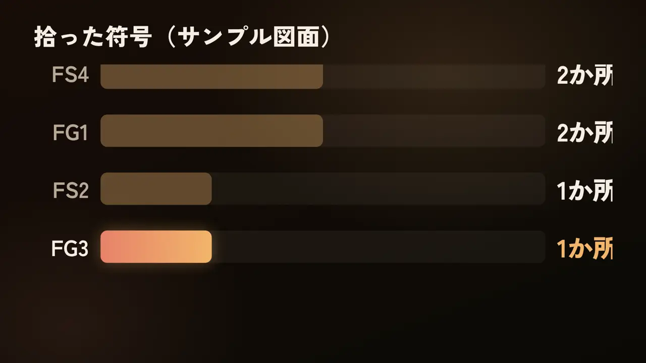 拾った符号(サンプル図面)、FS1 4か所、FS4 2か所、FG1 2か所、FS2 1か所、FG3 1か所