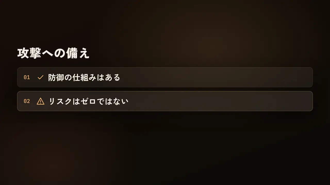攻撃への備え、防御の仕組みはある、リスクはゼロではない