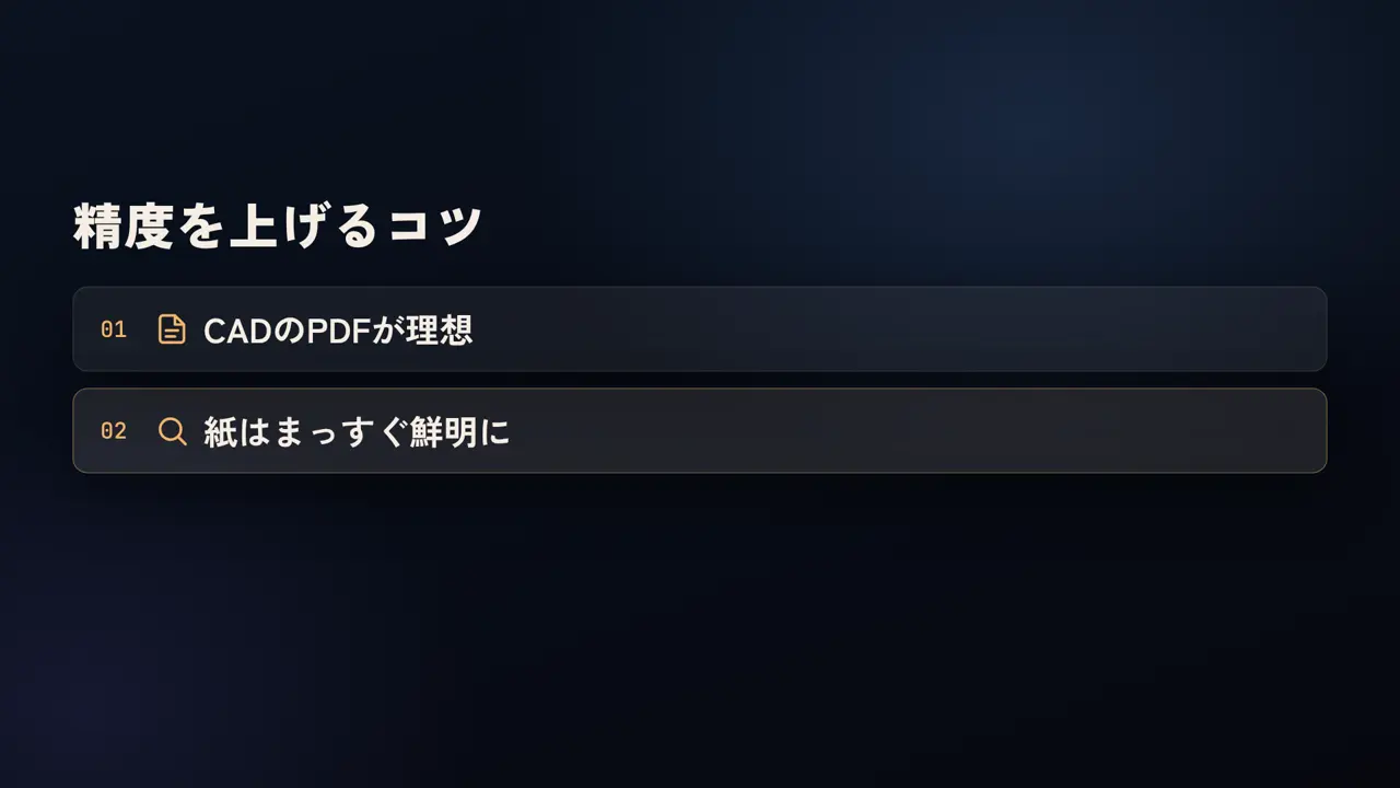精度を上げるコツ、CADのPDFが理想、紙はまっすぐ鮮明に