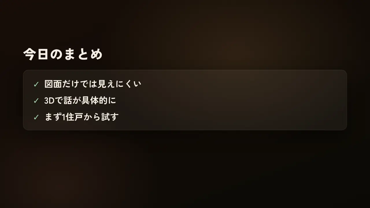 今日のまとめ、図面だけでは見えにくい、3Dで話が具体的に、まず1住戸から試す