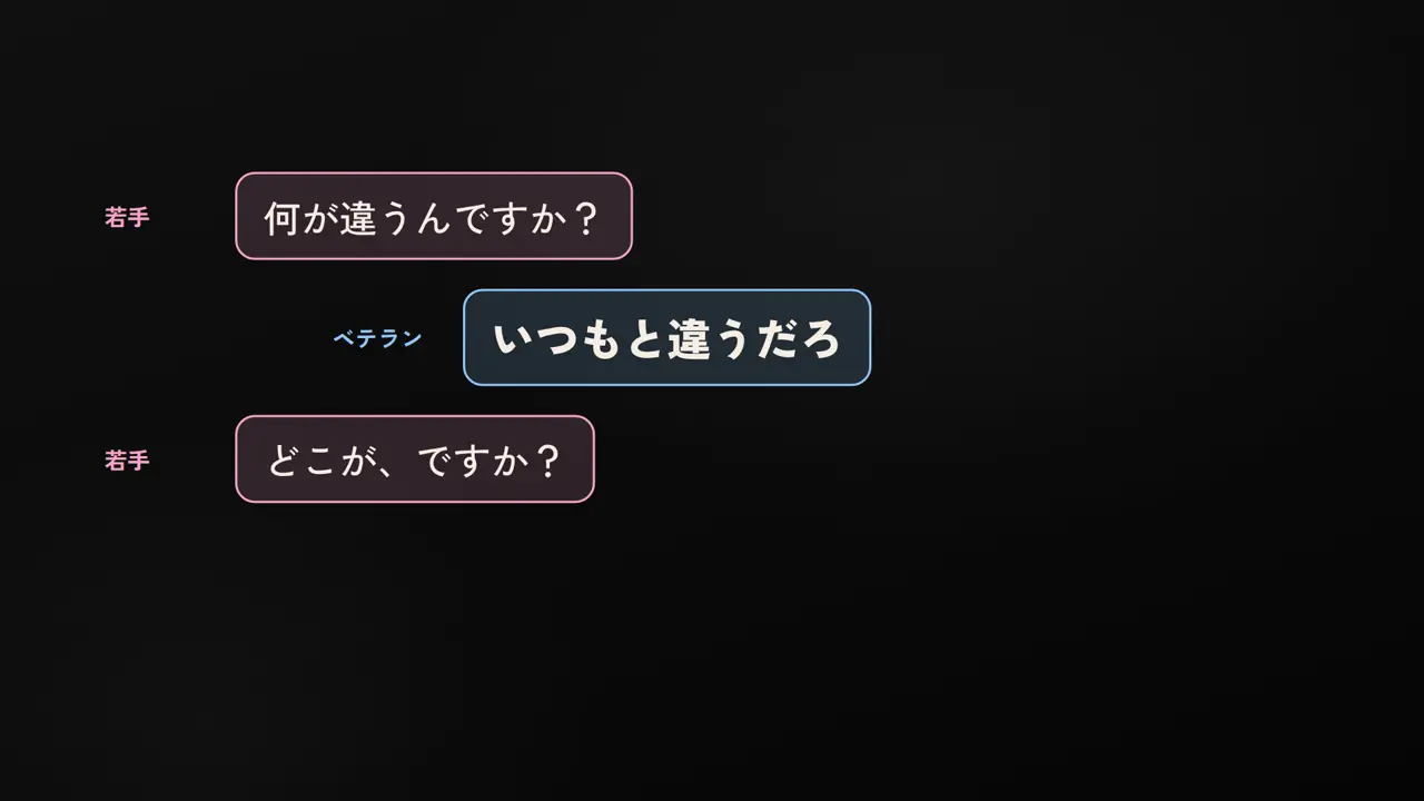 若手、何が違うんですか?、ベテラン、いつもと違うだろ、どこが、ですか?